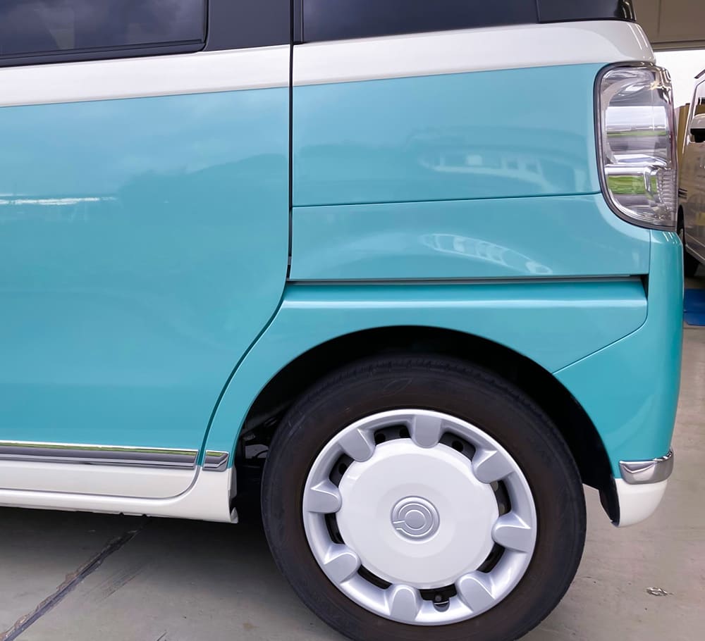 「施工後」ダイハツ ムーブキャンバスの左スライドドア・クォーターの修理(奈良県香芝市のお客様)